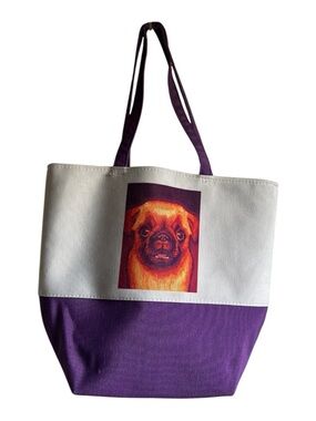 Beaux Maison White & Purple Pug Puppy Tote Bag